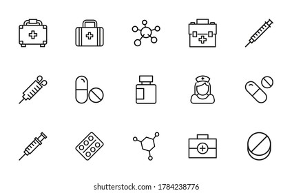Iconos de línea de trazo conjunto de farmacia. Símbolos simples para el desarrollo de aplicaciones y el diseño de sitios web. Pictogramas de contorno vectorial aislados en un fondo blanco. Paquete de iconos de trazo.