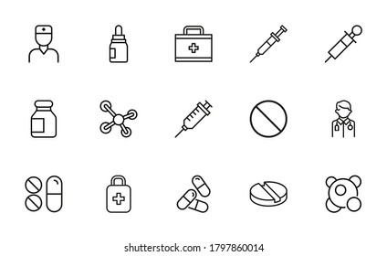 Schlagt den Satz der Symbole der Apotheke. Einfache Symbole für die App-Entwicklung und das Webdesign. Vektorgrafik-Piktogramme einzeln auf weißem Hintergrund. Paket mit Strichsymbolen.