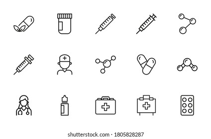 Iconos de línea de trazo conjunto de farmacia. Símbolos simples para el desarrollo de aplicaciones y el diseño de sitios web. Pictogramas de contorno vectorial aislados en un fondo blanco. Paquete de iconos de trazo.