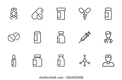 Stroke line icons set of pharmacy. Simple symbols for app development and website design. Vector outline pictograms isolated on a white background. Pack of stroke icons.