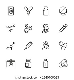 Stroke line icons set of pharmacy. Simple symbols for app development and website design. Vector outline pictograms isolated on a white background. Pack of stroke icons.