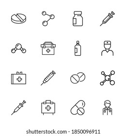 Iconos de línea de trazo conjunto de farmacia. Símbolos simples para el desarrollo de aplicaciones y el diseño de sitios web. Pictogramas de contorno vectorial aislados en un fondo blanco. Paquete de iconos de trazo.