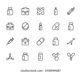Stroke line icons set of pharmacy. Simple symbols for app development and website design. Vector outline pictograms isolated on a white background. Pack of stroke icons.