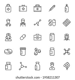 Stroke line icons set of pharmacy. Simple symbols for app development and website design. Vector outline pictograms isolated on a white background. Pack of stroke icons.