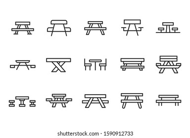 Stroke line icons set of picnic table. Simple symbols for app development and website design. Vector outline pictograms isolated on a white background. Pack of stroke icons. 