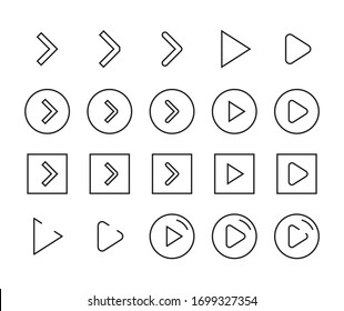 Stroke line icons set of play button. Simple symbols for app development and website design. Vector outline pictograms isolated on a white background. Pack of stroke icons. 