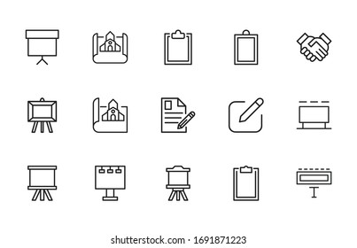 Stroke line icons set of presentation. Simple symbols for app development and website design. Vector outline pictograms isolated on a white background. Pack of stroke icons. 