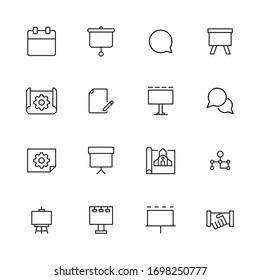 Conjunto de iconos de línea de trazo de presentación. Símbolos simples para el desarrollo de aplicaciones y el diseño de sitios web. Pictogramas de contorno vectorial aislados en un fondo blanco. Paquete de iconos de trazo. 