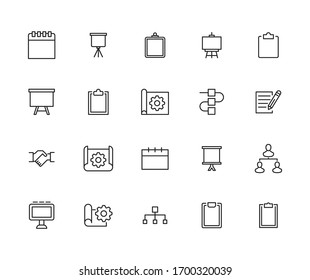 Conjunto de iconos de línea de trazo de presentación. Símbolos simples para el desarrollo de aplicaciones y el diseño de sitios web. Pictogramas de contorno vectorial aislados en un fondo blanco. Paquete de iconos de trazo. 
