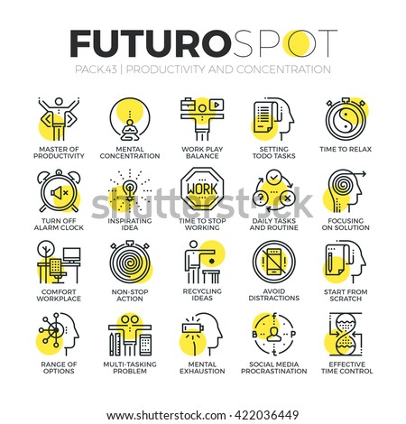 Stroke line icons set of productive work, concentration on get things done. Modern flat linear pictogram concept Premium quality outline symbol collection Simple vector material design of web graphics