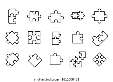 Stroke line icons set of puzzle. Simple symbols for app development and website design. Vector outline pictograms isolated on a white background. Pack of stroke icons. 