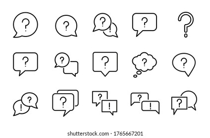 Stroke line icons set of question. Simple symbols for app development and website design. Vector outline pictograms isolated on a white background. Pack of stroke icons.