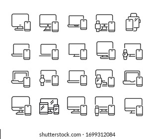 Stroke line icons set of responsive design. Simple symbols for app development and website design. Vector outline pictograms isolated on a white background. Pack of stroke icons. 