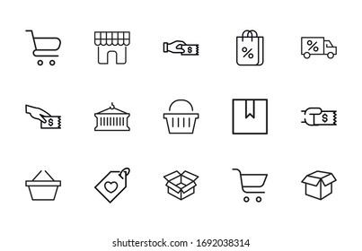 Stroke line icons set of retail. Simple symbols for app development and website design. Vector outline pictograms isolated on a white background. Pack of stroke icons. 