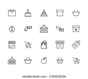 Conjunto de iconos de línea de trazo de venta minorista. Símbolos simples para el desarrollo de aplicaciones y el diseño de sitios web. Pictogramas de contorno vectorial aislados en un fondo blanco. Paquete de iconos de trazo. 