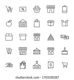 Conjunto de iconos de línea de trazo de venta minorista. Símbolos simples para el desarrollo de aplicaciones y el diseño de sitios web. Pictogramas de contorno vectorial aislados en un fondo blanco. Paquete de iconos de trazo. 