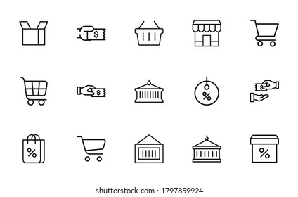 Juego de iconos de línea de trazo de venta minorista. Símbolos simples para el desarrollo de aplicaciones y el diseño de sitios web. Pictogramas de contorno vectorial aislados en un fondo blanco. Paquete de iconos de trazo.