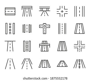 Stroke line icons set of road. Simple symbols for app development and website design. Vector outline pictograms isolated on a white background. Pack of stroke icons.
