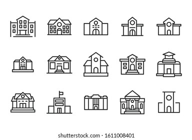 Stroke line icons set of school building. Simple symbols for app development and website design. Vector outline pictograms isolated on a white background. Pack of stroke icons. 