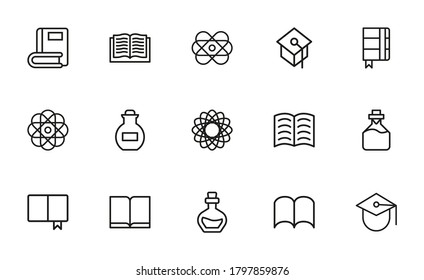 Schlagt Linien-Symbole Set von Wissenschaft. Einfache Symbole für die App-Entwicklung und das Webdesign. Vektorgrafik-Piktogramme einzeln auf weißem Hintergrund. Paket mit Strichsymbolen.