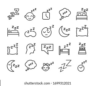 Stroke line icons set of sleep. Simple symbols for app development and website design. Vector outline pictograms isolated on a white background. Pack of stroke icons. 