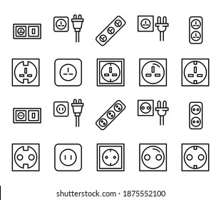 Stroke line icons set of socket. Simple symbols for app development and website design. Vector outline pictograms isolated on a white background. Pack of stroke icons.