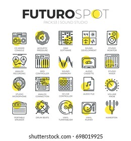 Stroke line icons set of sound studio devices and music making. Modern flat linear pictogram concept. Premium quality outline symbol collection. Simple vector material design of web graphics.