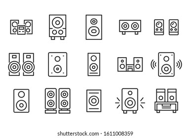Stroke line icons set of speaker. Simple symbols for app development and website design. Vector outline pictograms isolated on a white background. Pack of stroke icons. 