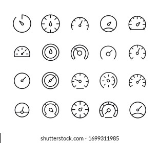 Stroke line icons set of speedometer. Simple symbols for app development and website design. Vector outline pictograms isolated on a white background. Pack of stroke icons. 