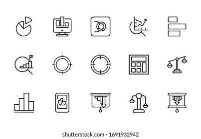 Conjunto de iconos de línea de trazo de estadísticas. Símbolos simples para el desarrollo de aplicaciones y el diseño de sitios web. Pictogramas de contorno vectorial aislados en un fondo blanco. Paquete de iconos de trazo.
