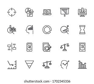 Stroke line icons set of statistic. Simple symbols for app development and website design. Vector outline pictograms isolated on a white background. Pack of stroke icons.