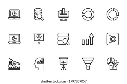 Conjunto de iconos de línea de trazo de estadística. Símbolos simples para el desarrollo de aplicaciones y el diseño de sitios web. Pictogramas de contorno vectorial aislados en un fondo blanco. Paquete de iconos de trazo.