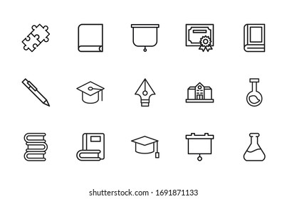 Stroke line icons set of study. Simple symbols for app development and website design. Vector outline pictograms isolated on a white background. Pack of stroke icons. 