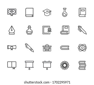 Stroke line icons set of study. Simple symbols for app development and website design. Vector outline pictograms isolated on a white background. Pack of stroke icons. 