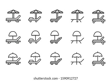 Stroke line icons set of sunbed. Simple symbols for app development and website design. Vector outline pictograms isolated on a white background. Pack of stroke icons. 