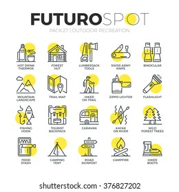 Stroke line icons set of survival tourism recreation, outdoor camping . Modern flat linear pictogram concept. Premium quality outline symbol collection. Simple vector material design of web graphics.