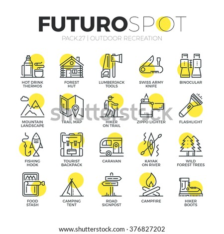 Stroke line icons set of survival tourism recreation, outdoor camping . Modern flat linear pictogram concept. Premium quality outline symbol collection. Simple vector material design of web graphics.