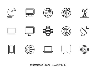 Stroke line icons set of technology. Simple symbols for app development and website design. Vector outline pictograms isolated on a white background. Pack of stroke icons. 