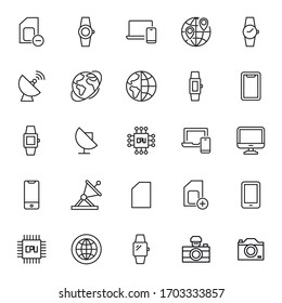 Stroke line icons set of technology. Simple symbols for app development and website design. Vector outline pictograms isolated on a white background. Pack of stroke icons. 