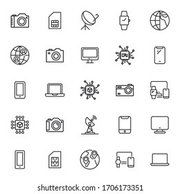 Stroke line icons set of technology. Simple symbols for app development and website design. Vector outline pictograms isolated on a white background. Pack of stroke icons. 