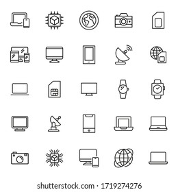 Stroke line icons set of technology. Simple symbols for app development and website design. Vector outline pictograms isolated on a white background. Pack of stroke icons. 