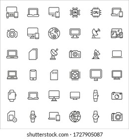 Stroke line icons set of technology. Simple symbols for app development and website design. Vector outline pictograms isolated on a white background. Pack of stroke icons. 