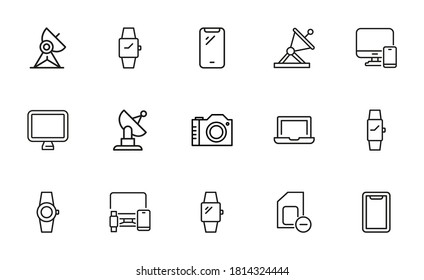 Conjunto de iconos de línea de trazo de la tecnología. Símbolos simples para el desarrollo de aplicaciones y el diseño de sitios web. Pictogramas de contorno vectorial aislados en un fondo blanco. Paquete de iconos de trazo.