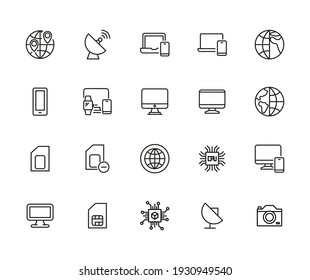 Stroke line icons set of technology. Simple symbols for app development and website design. Vector outline pictograms isolated on a white background. Pack of stroke icons.