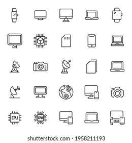 Stroke line icons set of technology. Simple symbols for app development and website design. Vector outline pictograms isolated on a white background. Pack of stroke icons.