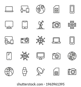 Stroke line icons set of technology. Simple symbols for app development and website design. Vector outline pictograms isolated on a white background. Pack of stroke icons.