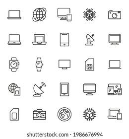 Stroke line icons set of technology. Simple symbols for app development and website design. Vector outline pictograms isolated on a white background. Pack of stroke icons.