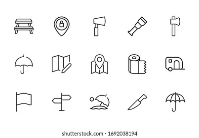 Iconos de línea de trazo conjunto de turismo. Símbolos simples para el desarrollo de aplicaciones y el diseño de sitios web. Pictogramas de contorno vectorial aislados en un fondo blanco. Paquete de iconos de trazo. 