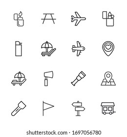 Stroke line icons set of tourism. Simple symbols for app development and website design. Vector outline pictograms isolated on a white background. Pack of stroke icons. 