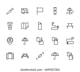 Stroke line icons set of tourism. Simple symbols for app development and website design. Vector outline pictograms isolated on a white background. Pack of stroke icons. 